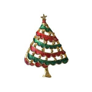 1960s Gold Plate Red & Green Enamel Stylized Christmas Tree Pin Brooch